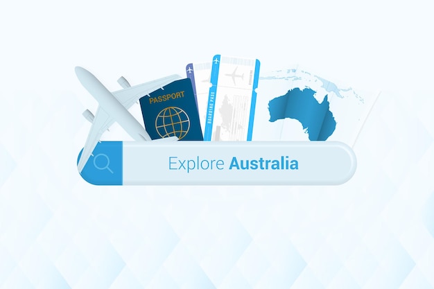 Searching tickets to Australia or travel destination in Australia Searching bar with airplane passport boarding pass tickets and map