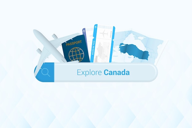 Searching tickets to Canada or travel destination in Canada Searching bar with airplane passport boarding pass tickets and map