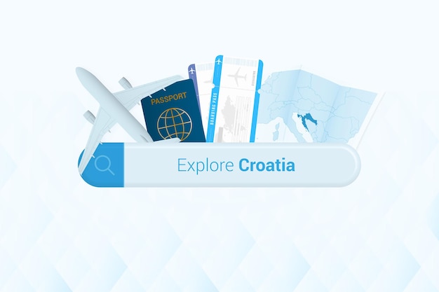 크로아티아 항공권 또는 크로아티아 여행지 검색 비행기 여권 탑승권 티켓과 지도가 있는 바 검색