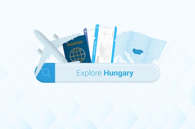 Searching tickets to Hungary or travel destination in Hungary Searching bar with airplane passport boarding pass tickets and map