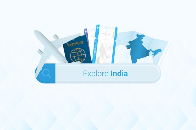 Searching tickets to India or travel destination in India Searching bar with airplane passport boarding pass tickets and map