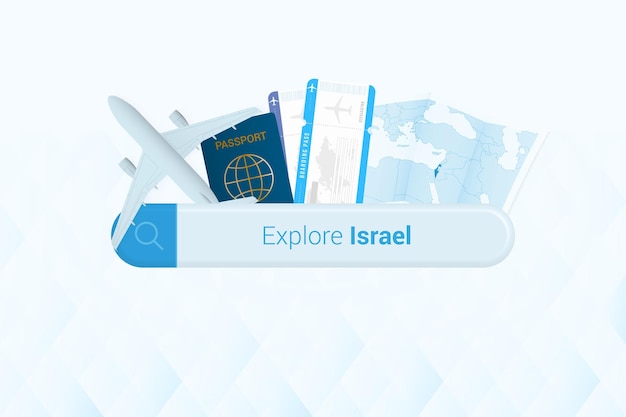 Searching tickets to Israel or travel destination in Israel Searching bar with airplane passport boarding pass tickets and map