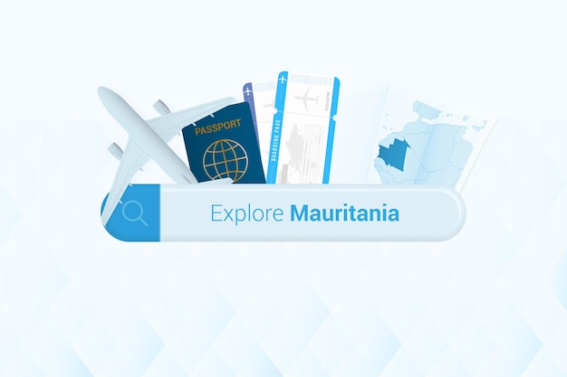 모리타니아로 가는 티켓 또는 모리타냐에서 여행하는 목적지를 검색하는 항공기 여권, 탑승권 티켓 및 지도를 가진 바를 검색하는 것