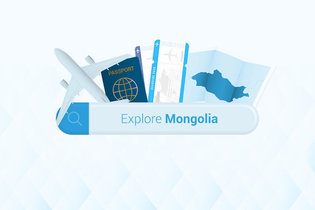 Searching tickets to Mongolia or travel destination in Mongolia Searching bar with airplane passport boarding pass tickets and map