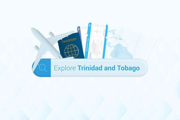 Searching tickets to Trinidad and Tobago or travel destination in Trinidad and Tobago Searching bar with airplane passport boarding pass tickets and map