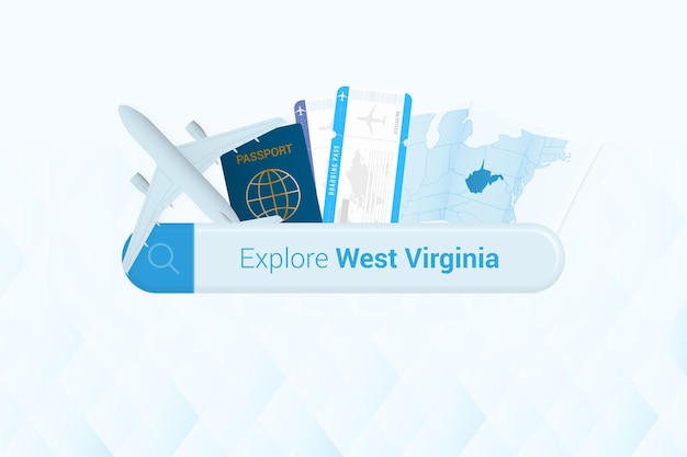 Vector searching tickets to west virginia or travel destination in west virginia searching bar with airplane passport boarding pass tickets and map