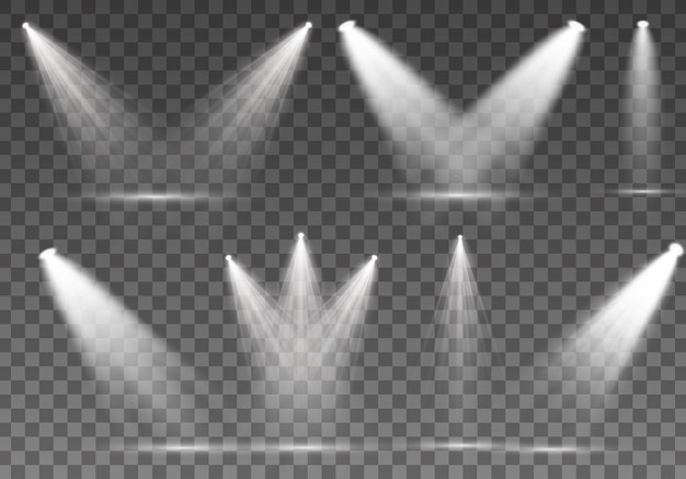 Searchlight collection for stage lighting, light transparent effects. bright beautiful lighting with spotlights. set of white spotlight isolated.
