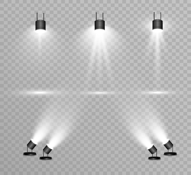 Searchlight collection for stage lighting, light transparent effects. Bright beautiful lighting with spotlights.