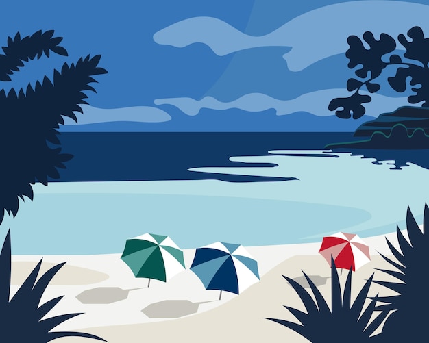 Seascape beach beach umbrellas against the background of the sea and tropical plants Poster