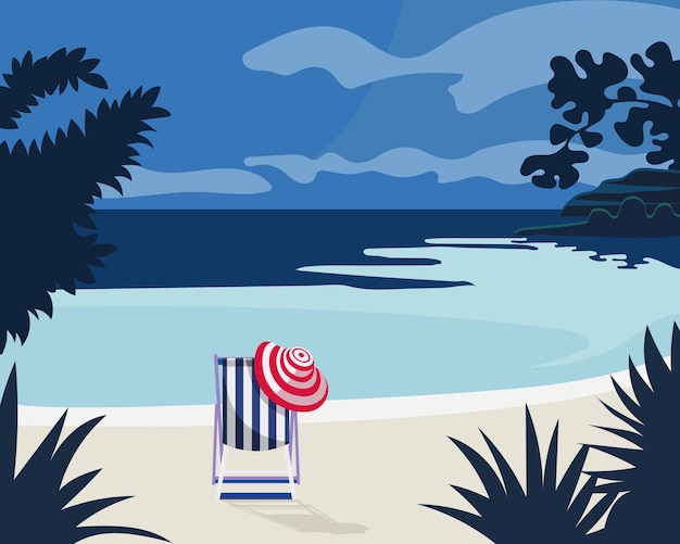 Seascape beach deck chair and hat under an umbrella against the backdrop of the sea