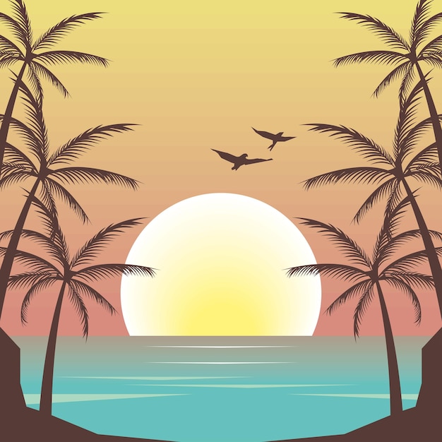 Seascape beach scene with palms