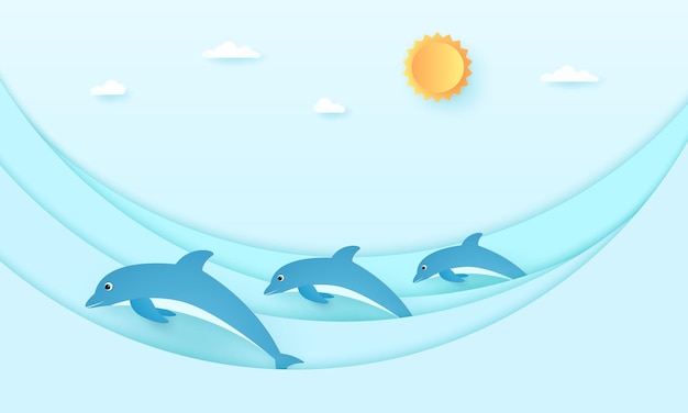 Вектор Морской пейзаж, дельфины с морскими волнами, голубое небо с солнцем и облаками, стиль бумажного искусства