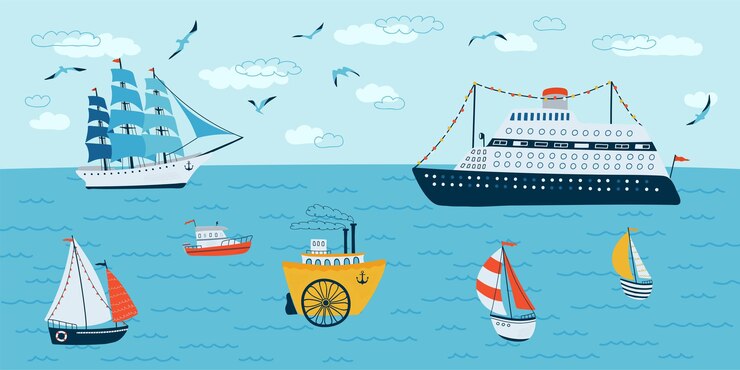 Vector seascape in flat style . summer scene with ships, boat. vector illustration