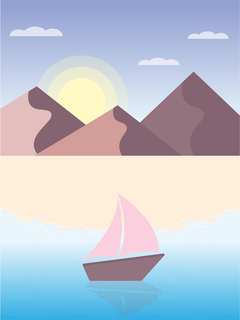 Seascape.illustration van een zeegezicht met een boot en golven, bergen en zon op de achtergrond