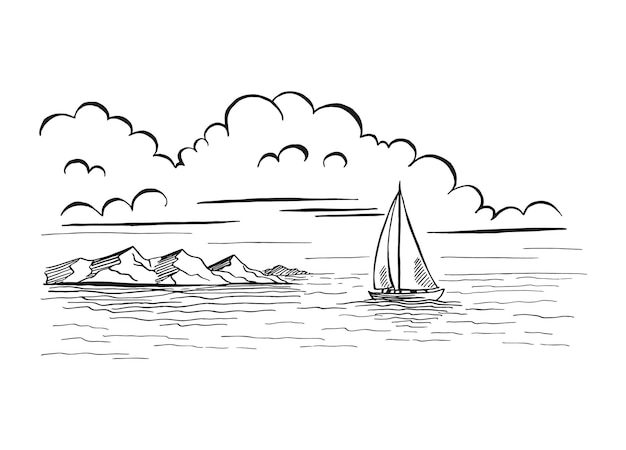 Seascape. landscape, sea, sailboat, rocks. hand drawn vector illustration.