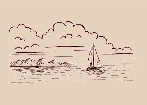 Vector seascape landscape sea sailboat rocks hand drawn vector illustration