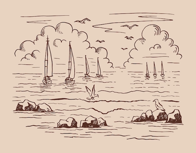 Vector seascape landscape sea sailboat rocks seagulls hand drawn vector illustration