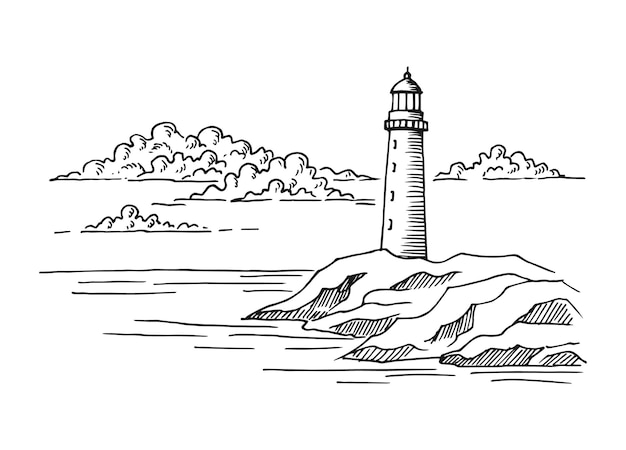 Морской маяк Ручной рисунок, преобразованный в векторный графический пейзаж морского побережья, вектор иллюстрации эскиза