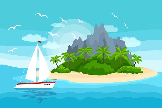 Морской пейзаж, райский остров с пальмами и горами и яхта в море. иллюстрация
