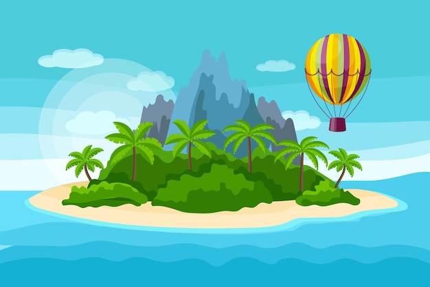 Vector seascape, paradise island with palm trees and a balloon against the background of the sea.