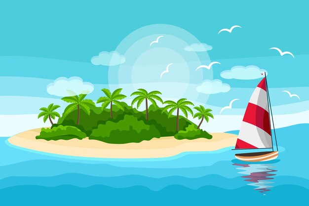 Seascape, paradise island with palm trees and a yacht on the sea. Illustration, background, vector