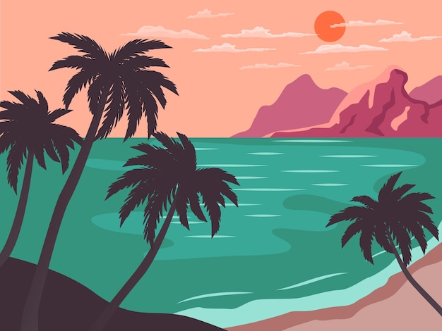 Vector seascape. sea, mountains, palm trees, beach, sun, clouds. sunset. sunrise. vector illustration.