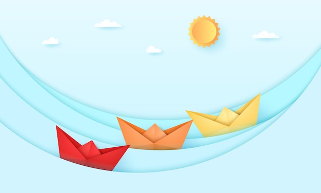 Seascape, sea with origami boat and with bright sun and sky, ocean waves, paper art style