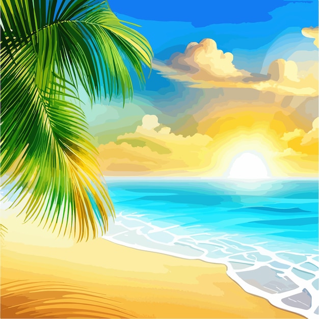 Vector seascape summer tropical beach with golden sand palm branches vector illustration