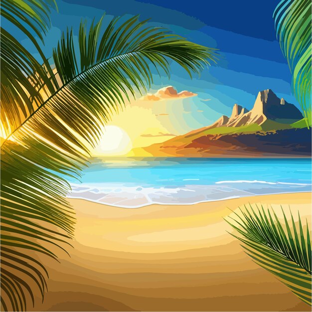 Vector seascape summer tropical beach with golden sand palm branches vector illustration