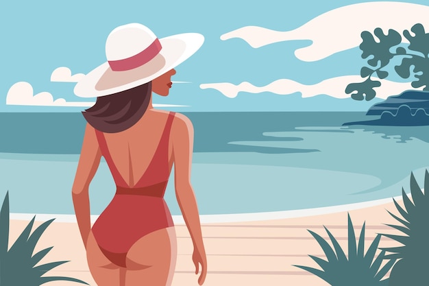 Vector seascape vacation time woman on the beach in a swimsuit sunbathing on the background of the see