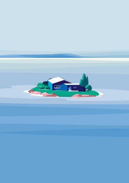 Seascape with blue house on island