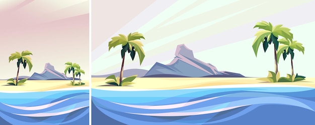 Морской пейзаж с пальмами и скалой. природный ландшафт в вертикальной и горизонтальной ориентации.