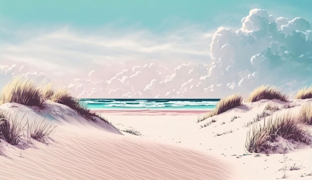 Vector seascape with sand dunes and sea in the background hand drawn illustration