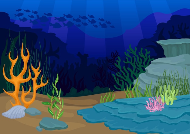 Вектор Концепция морских пейзажей, оральный риф и косяк рыб