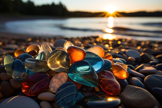 Seashell beach in the morning sunlight selective focus abstract summer background vacation concep