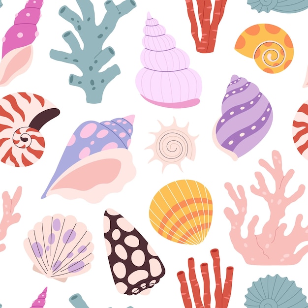Seashell clams seamless pattern Marina shell print beautiful seashells cartoon style corals and plants Racy sea nature vector background