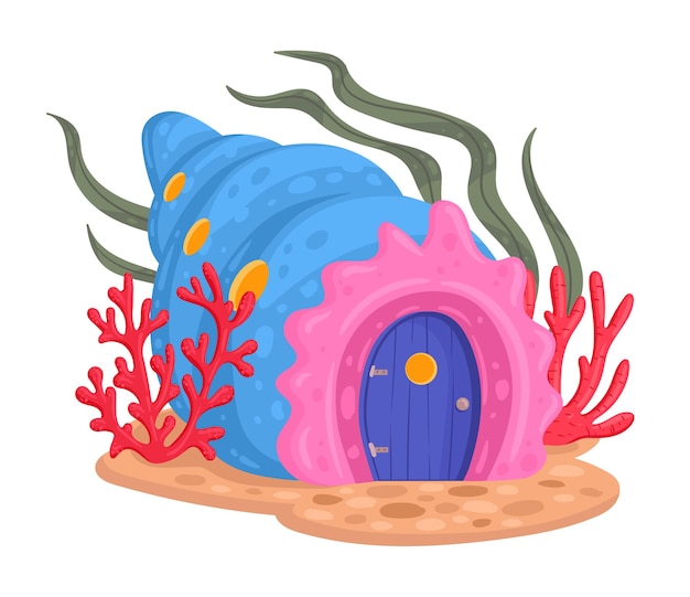 Casa di favola di conchiglie di mare cartoon fantasy favola conchiglia di mare cabina sottomarina illustrazione vettoriale piatta mondo magico casa carina