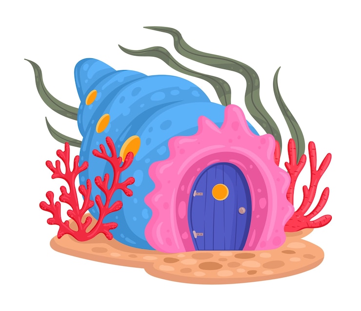 Vector seashell fairy tale house cartoon fantasy fairy tale sea shell underwater cabin flat vector illustration magic world cute house