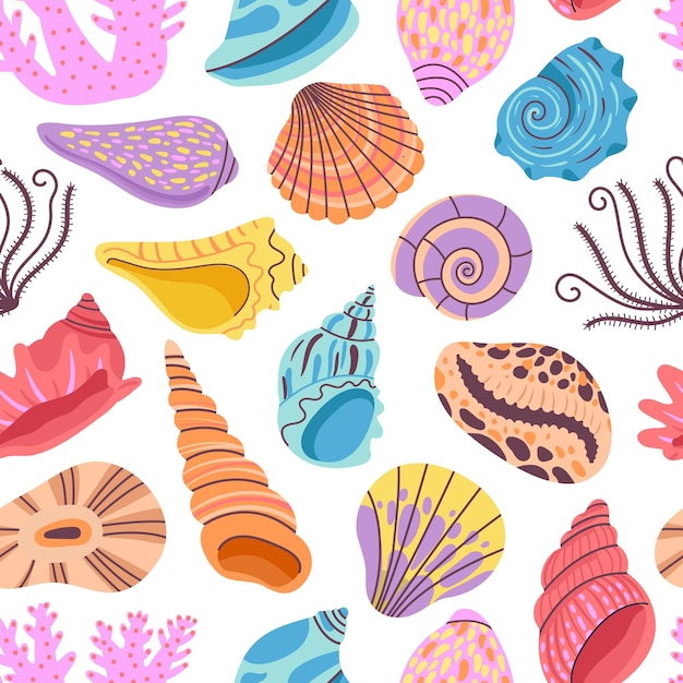 Seashell seamless pattern Clams background seashells print Sea and ocean shells summer wallpaper with coral Marine decent vector design