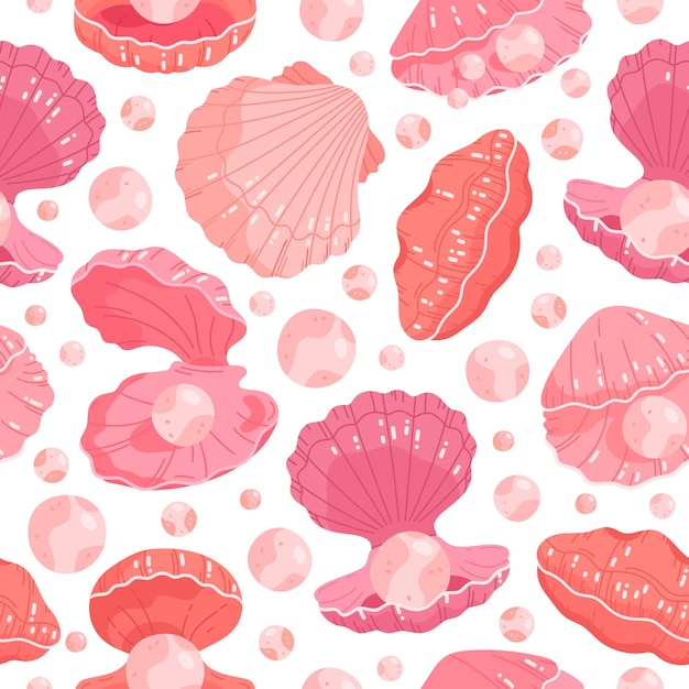 seashell seamless pattern. hand drawn scallop shells with pearls, cute underwater seashells. ocean fauna flat vector background illustration