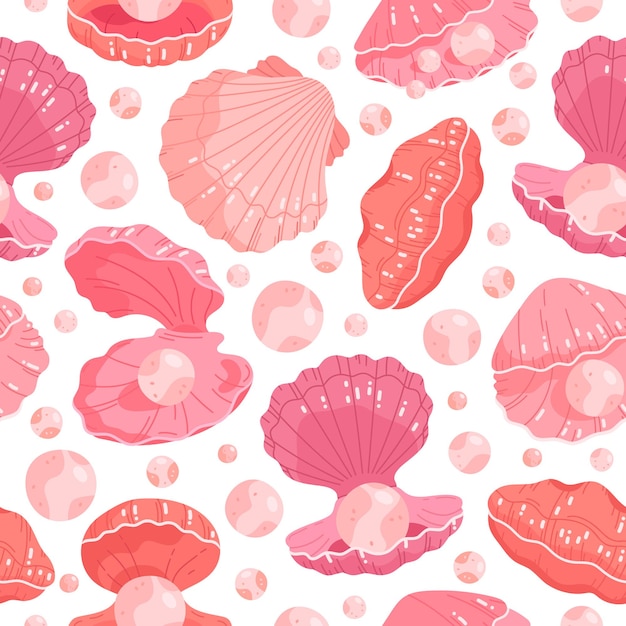 Seashell seamless pattern. Hand drawn scallop shells with pearls, cute underwater seashells. Ocean fauna flat vector background illustration