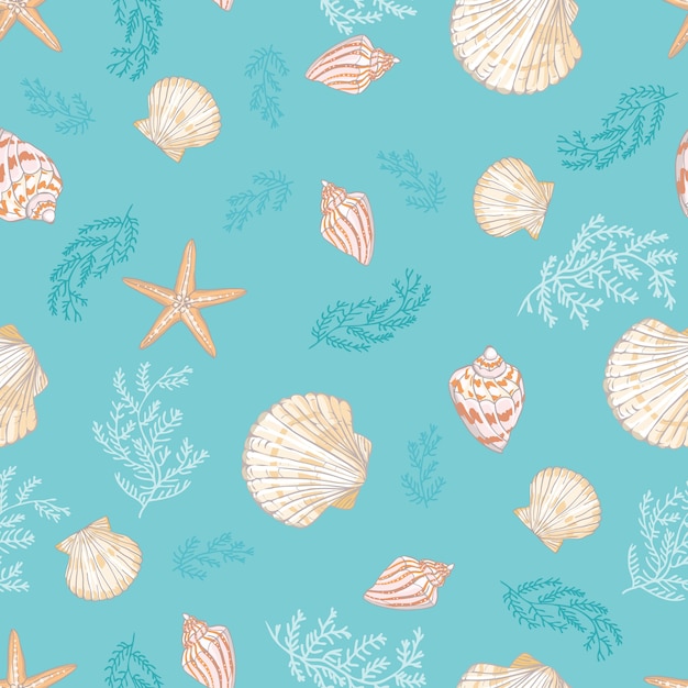 Vector seashell seamless pattern.