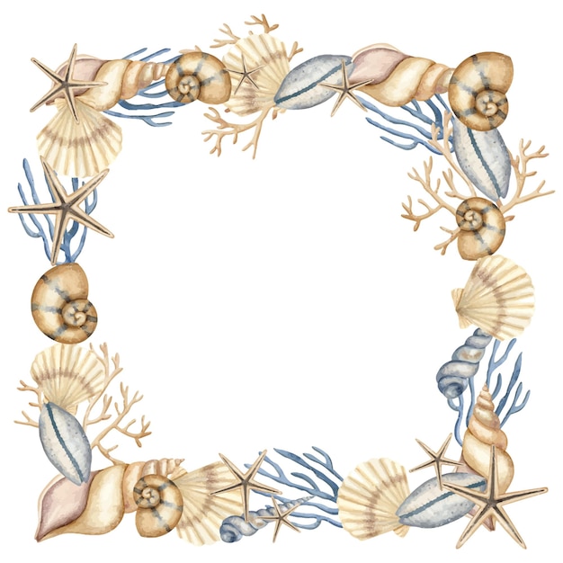 Vettore seashell square frame illustrazione ad acquerello disegnata a mano del confine con conchiglie e stelle marine