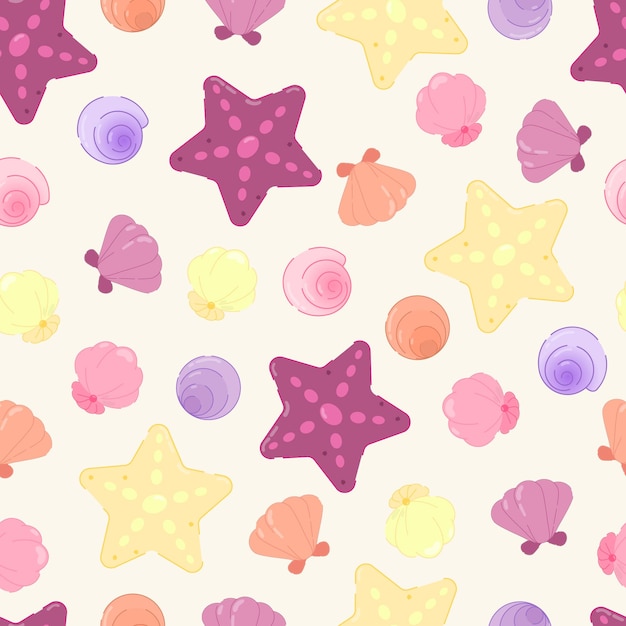Seashell and starfish seamless pattern background Flat design illustration Multicolor seashell