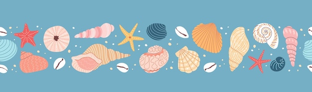 Seashell and starfish seamless stripe Vector horizontal border Blue background Marine pattern