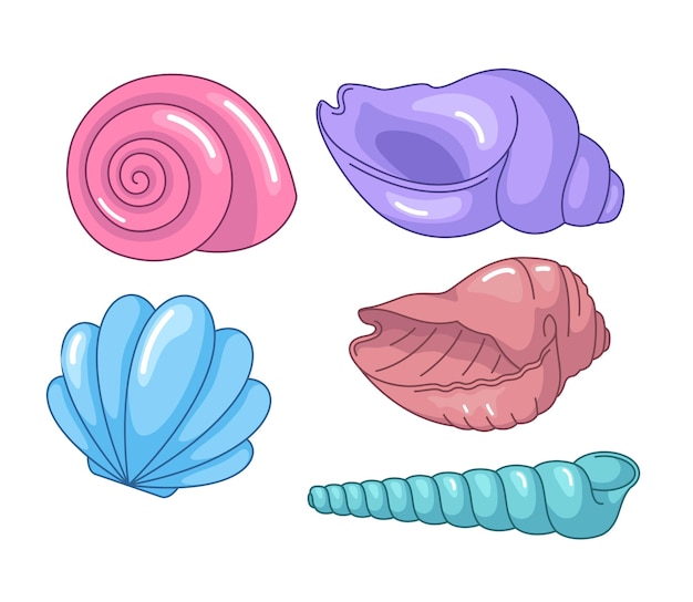 Seashells and conches set of cartoon style vector illustrations Sea marine beach drawing