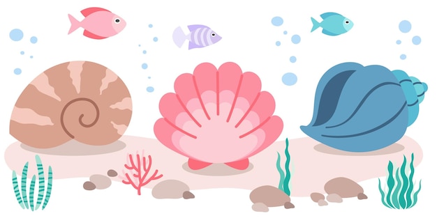 Vector seashells and ocean plants set in simple style seaweed collection in flat design