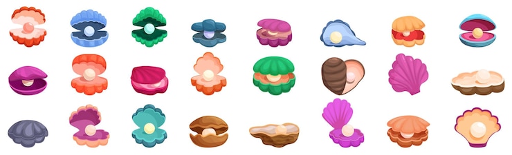Vector seashells pearls icons set collection of colorful opened and closed pearl oysters showing pearls