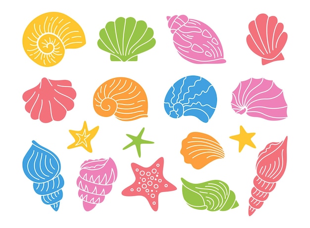 Seashells stamp stencil multicolor set ocean marine starfish mollusk conch sink brand design element