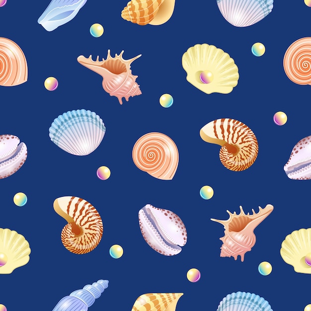 Vector seashells vector seamless pattern on blue background with shells and pearls vector illustration